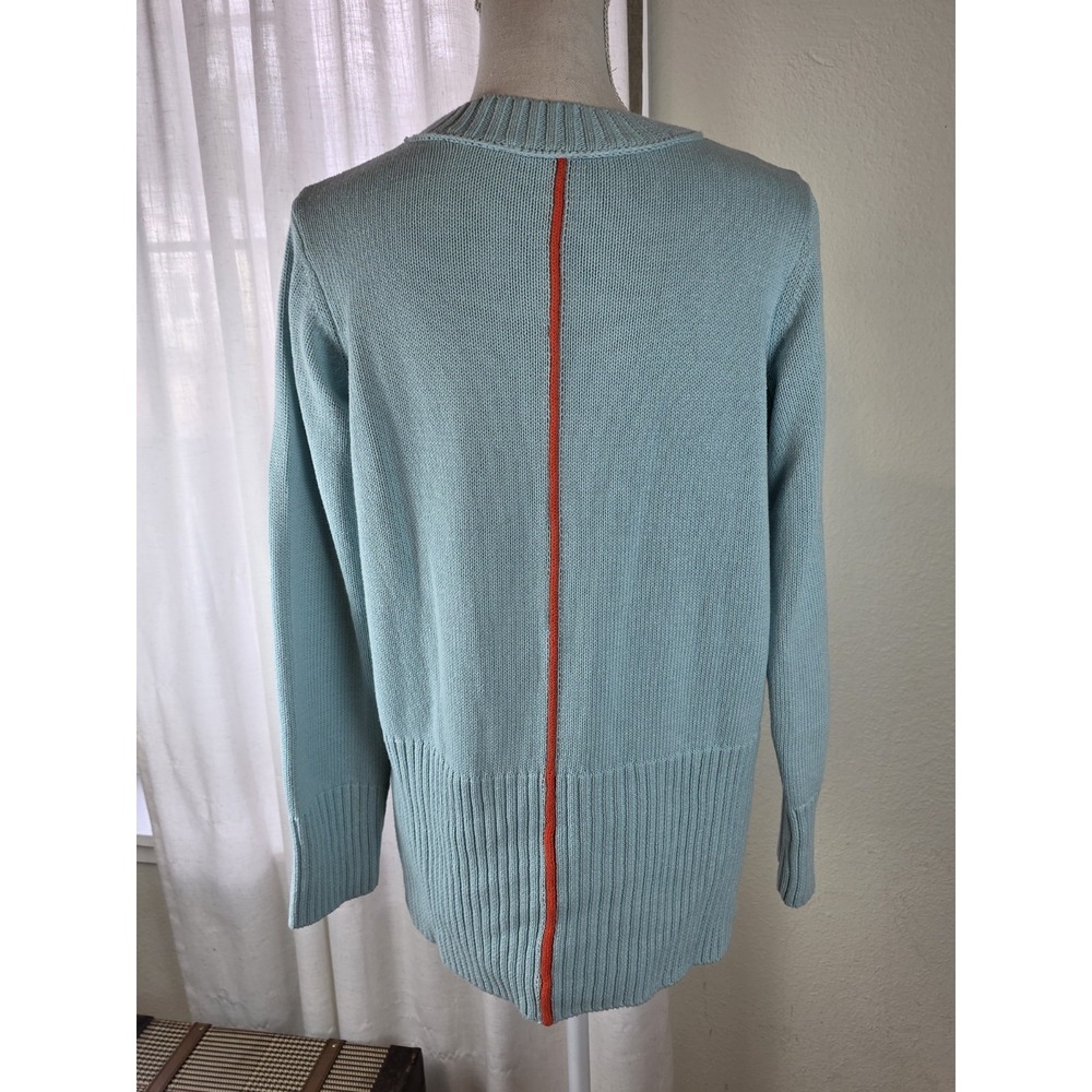 Peace Love World Sweater Size XS Blue Crewneck‎ Knit Orange Stripe Back